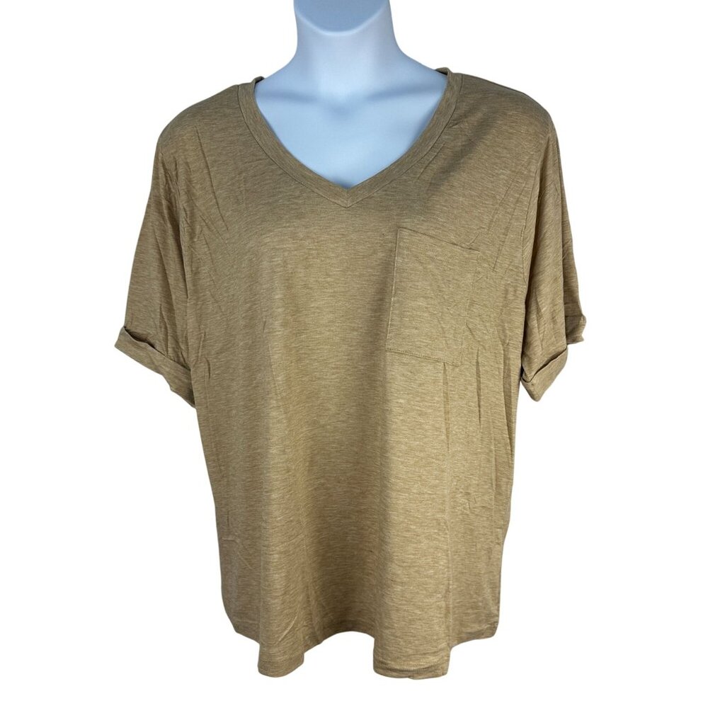 Womens Khaki V-Neck T-Shirt XL Relaxed Fit Side Pocket Lightweight Casual Top